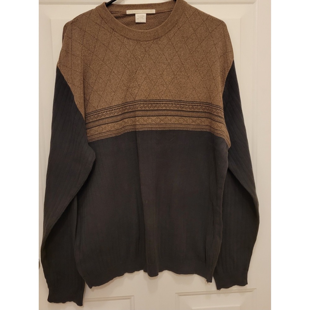 Perry Ellis 100% cotton dark brown‎ 2 tone  pullover sweater